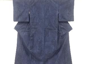 アンティーク　裂取りに花・斜め格子模様織り出し手織り紬着物